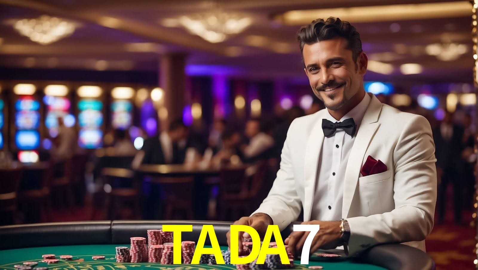 Escena dinámica inspirada en casino con iluminación TADA7, cartas, fichas e íconos de juegos digitales en un espacio moderno de juegos.